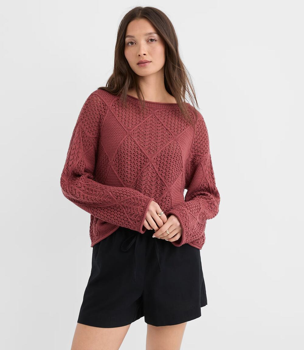 NEW Ann Taylor LOFT Patchwork Pointelle Sweater Women's Red Bell Sleeve Size XL
